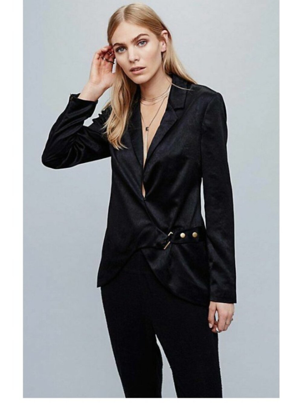Free People‎ Dorothea Satin Blazer Black Buckle Closure Womens Small
